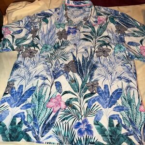 Tommy Bahama Mens XXL 100% Silk Tropical Floral Camp Shirt Blue Teal Hibiscus